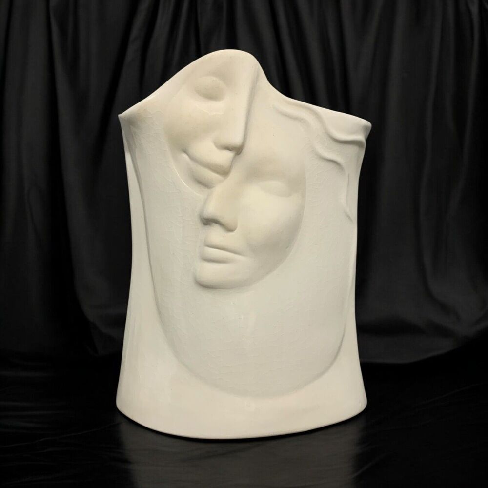 1998 Lund Art Pottery 3D Bisque Two Face Dimensional Vase Signed Vintage 10.5”